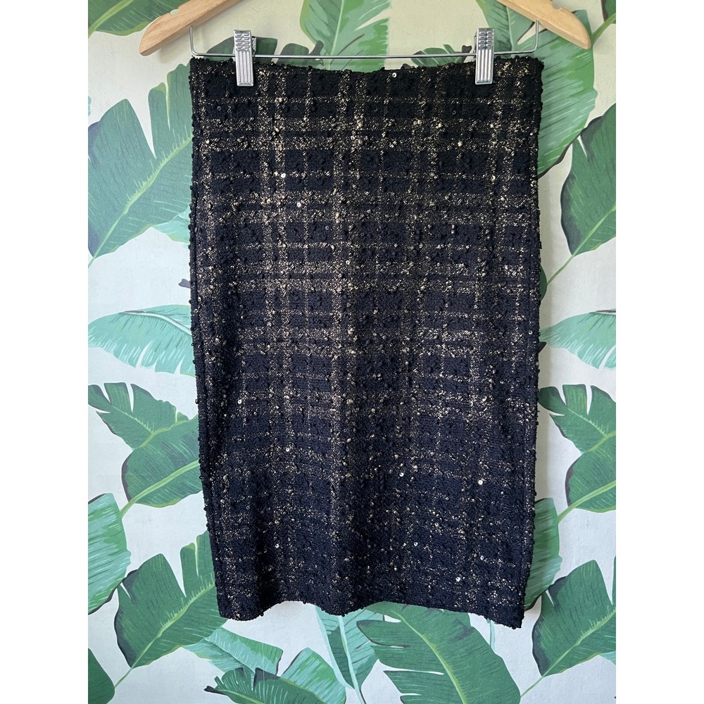 Forever 21 Pencil Skirt Women Medium Black Gold Plaid Tweed
